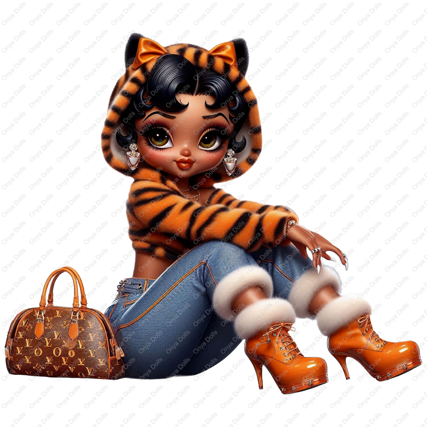 Afro Betty Boop styled as Baddie Boo wearing a tiger-striped hoodie, heels, and luxury purse. High-res PNG with transparent background for sublimation.