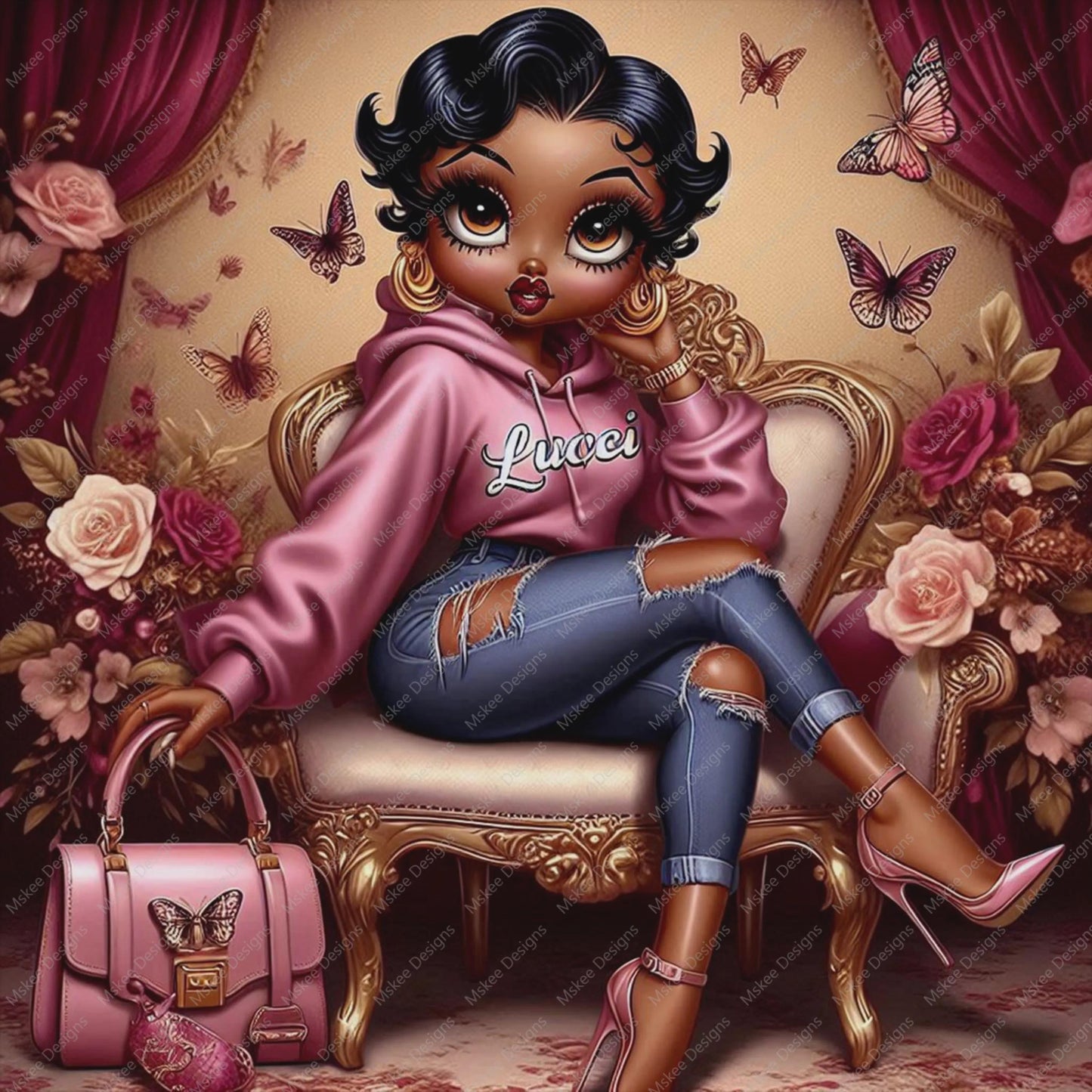 Stylish Black girl in pink hoodie and heels sitting in a vintage chair surrounded by roses and butterflies with matching pink handbag.