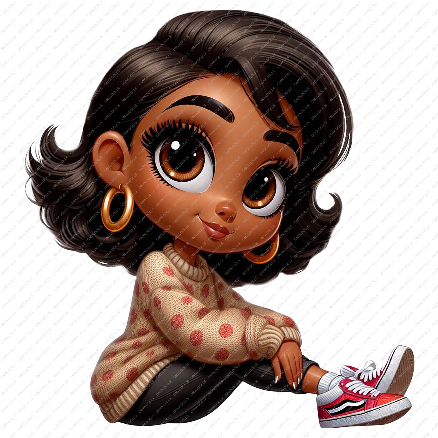 Cartoon character with brown hair and polka dot sweater sitting on a white background