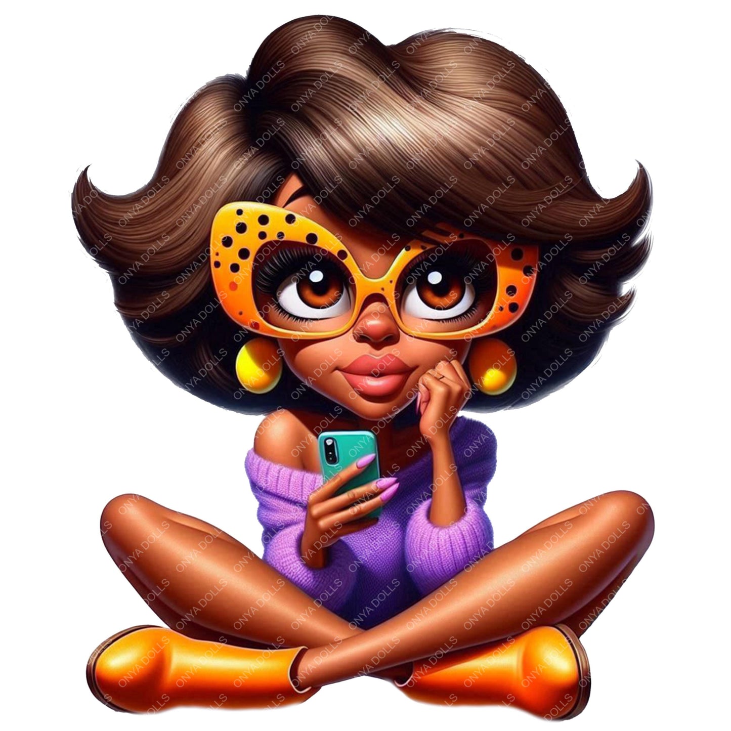 Cartoon character of a woman with sunglasses and purple sweater holding a phone on a white background