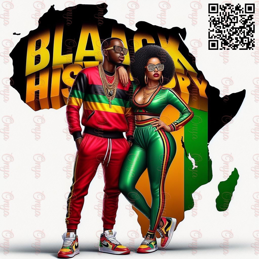 High-resolution PNG of a proud melanin-rich Black couple standing side by side in unity. Transparent background, ideal for Black History Month and cultural sublimation projects.