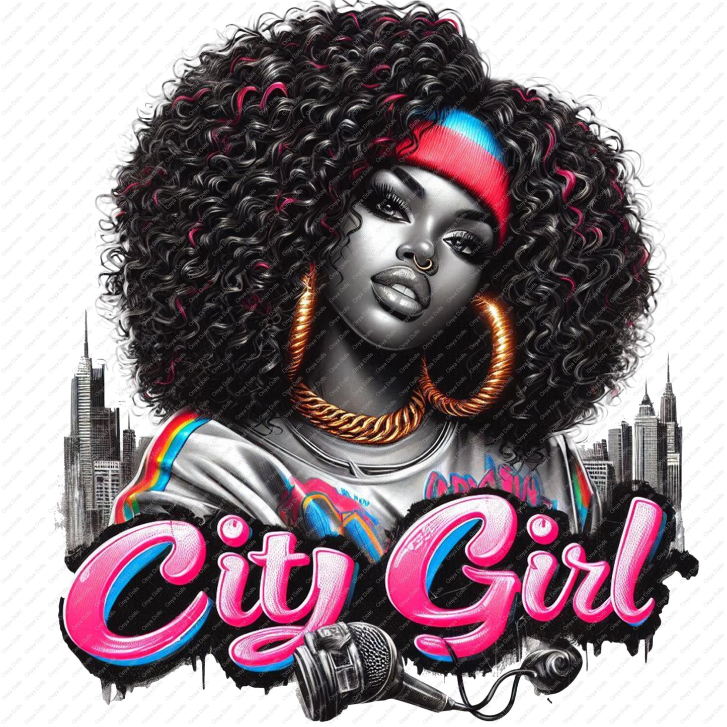 Urban melanin woman with large afro curls and gold hoops with city skyline City Girl text PNG