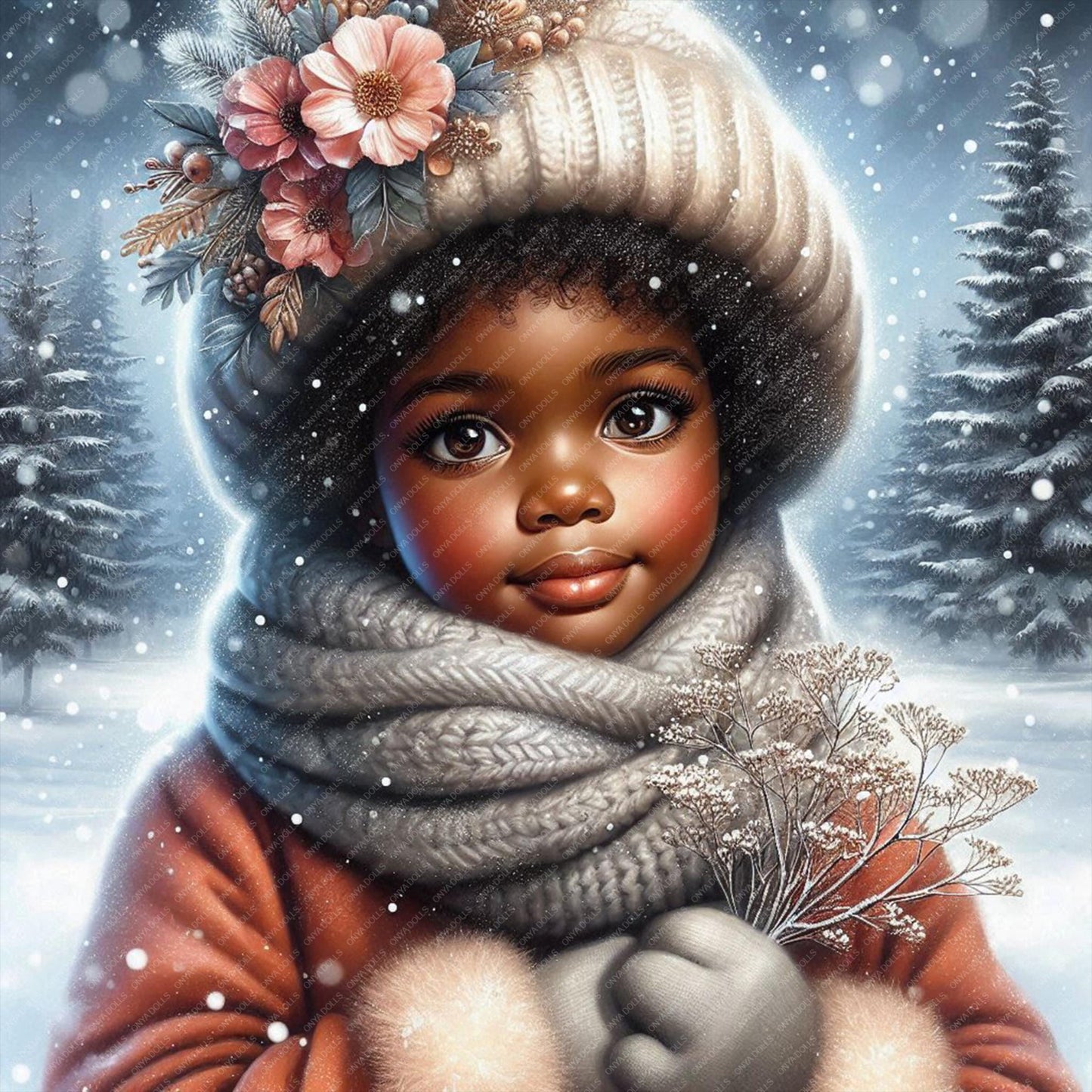 ONYA Winter Girl — Black girl PNG clipart in a winter outfit, titled "A Twig in the Snow," for sublimation, planners, Cricut, and crafts
