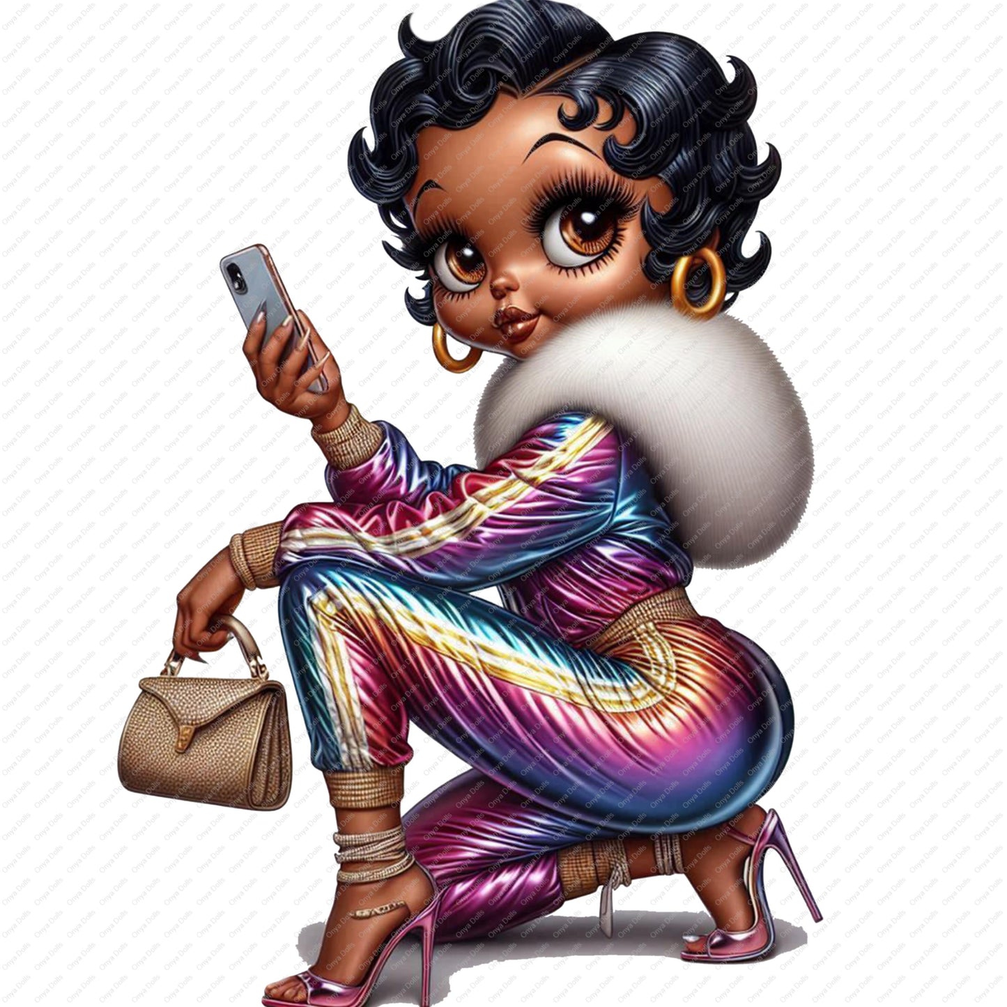 Illustration of a woman in a colorful outfit holding a phone and a handbag on a white background