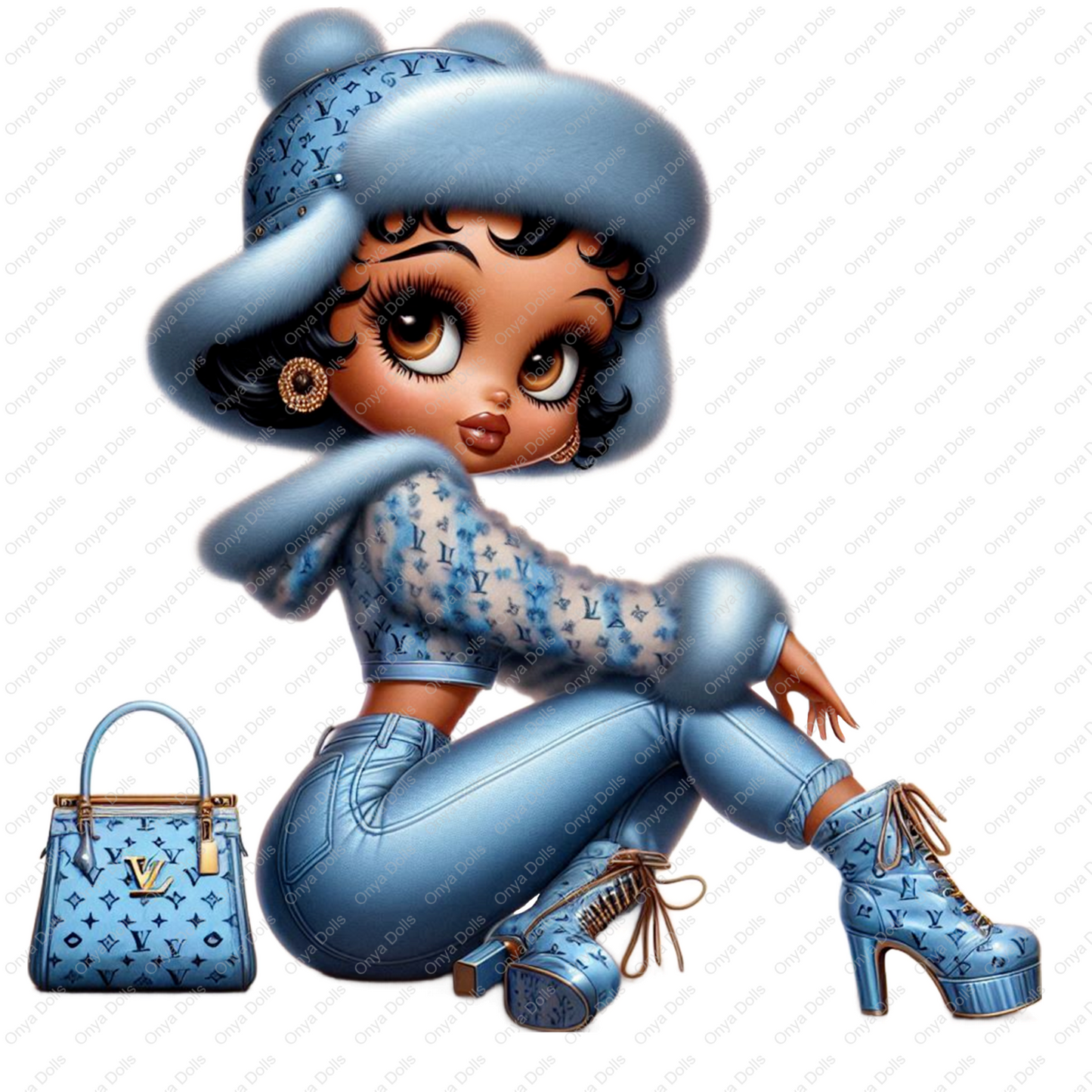 Afro Betty Boop styled as Baddie Boo with matching tumbler wrap, seated in a confident pose. High-res PNG with transparent background for sublimation.