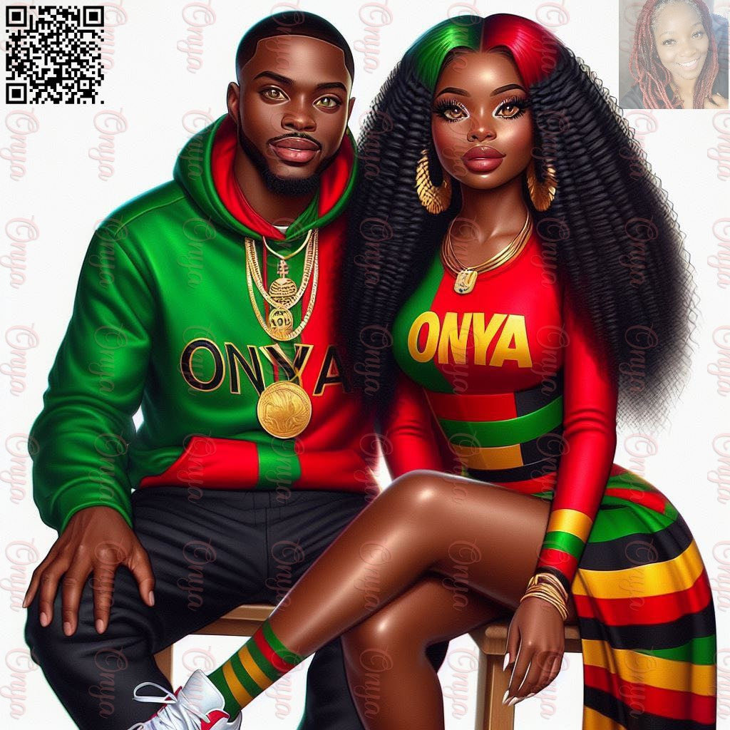 High-resolution PNG of ONYA Black History Digital Dolls featuring a stylish Black man and woman with melanin-rich skin. Transparent background, ideal for sublimation and cultural designs.
