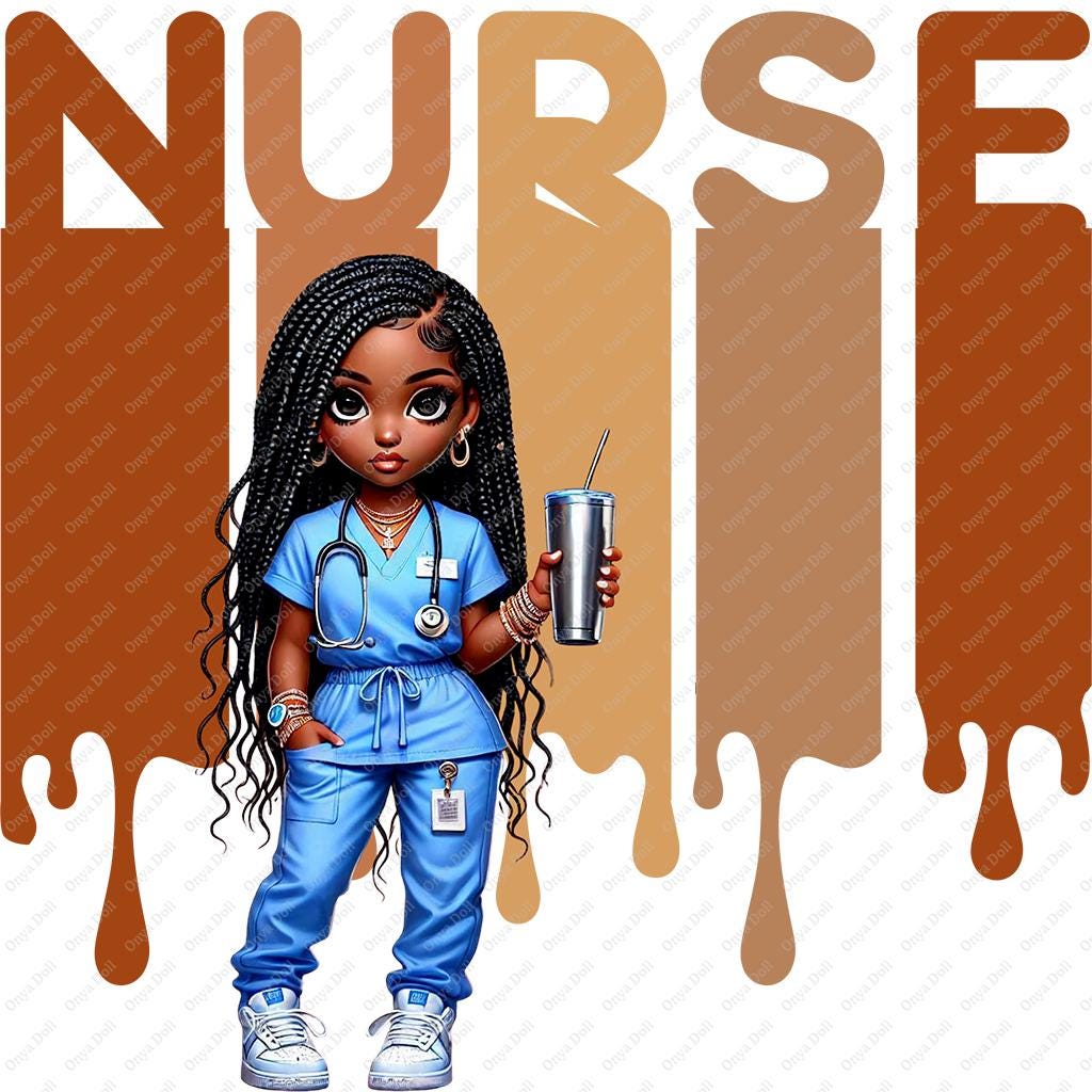Black Nurse PNG | Melanin RN in Blue Scrubs Clipart for Sublimation, Planner, Cricut, Silhouette, Crafts | Digital File