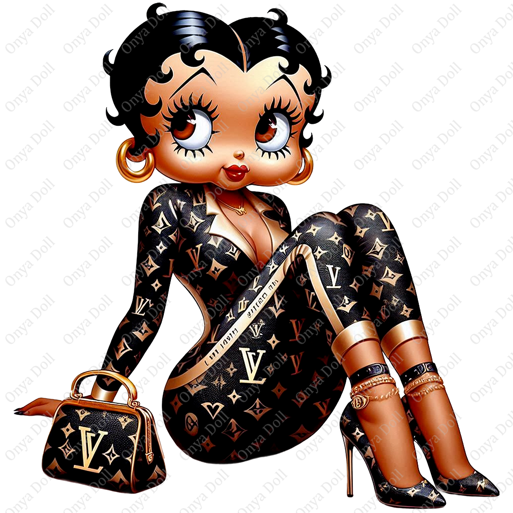 Stylized image of a black Betty Boop character, dressed in a luxury black and gold designer monogram outfit with matching high heels and handbag, sitting in a confident pose. Transparent background, ideal for sublimation projects.
