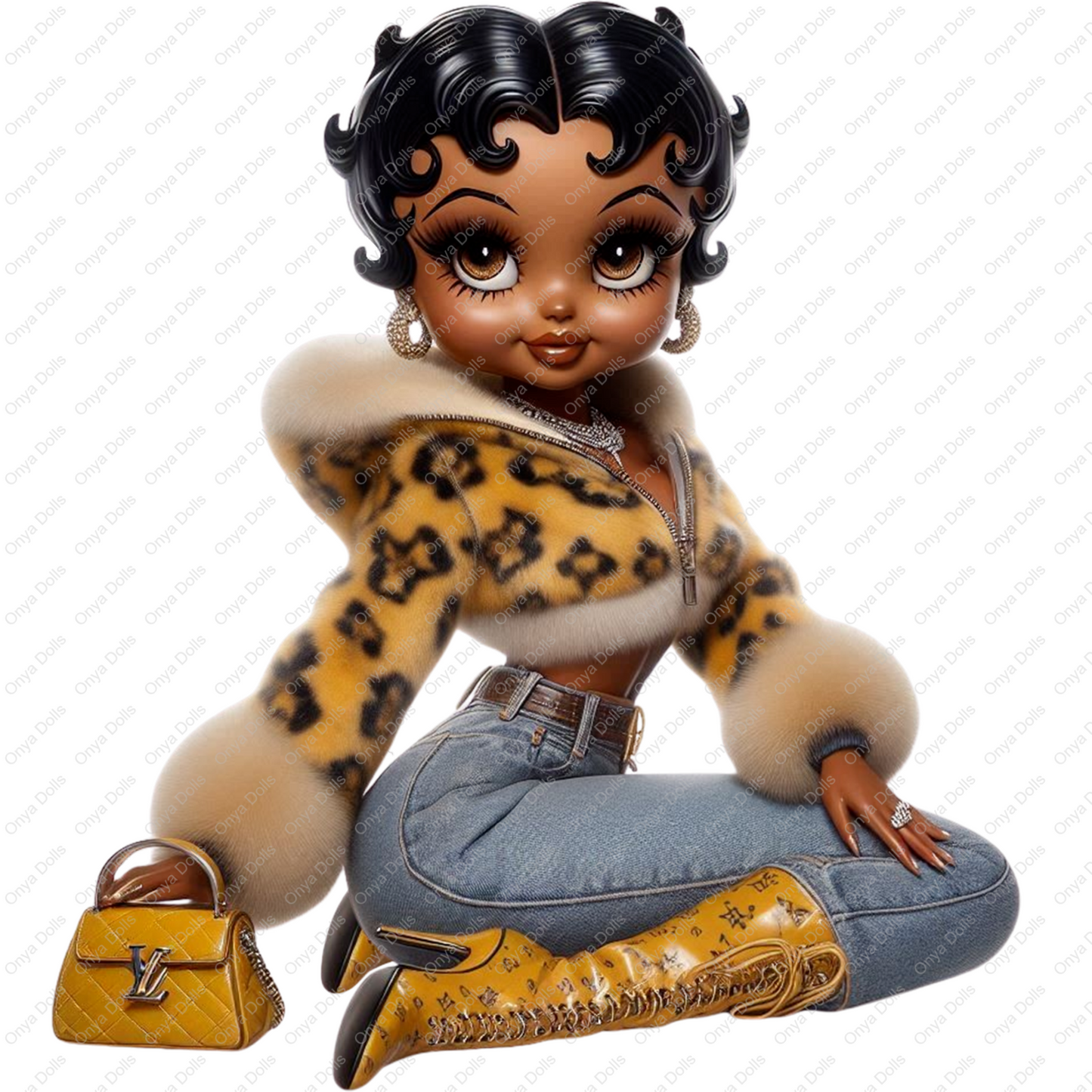 Afro Betty Boop styled as Baddie Boo wearing a leopard print fur hoodie, yellow lace-up designer boots, and jeans with a matching handbag. Transparent PNG.