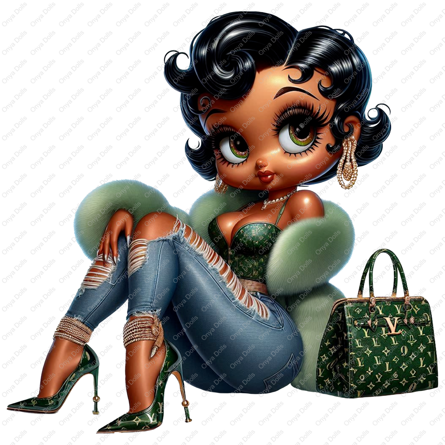 Afro Betty Boop styled as Baddie Boo in a green luxury fur coat, ripped jeans, high heels, and holding a monogram designer handbag. Transparent PNG for crafts.