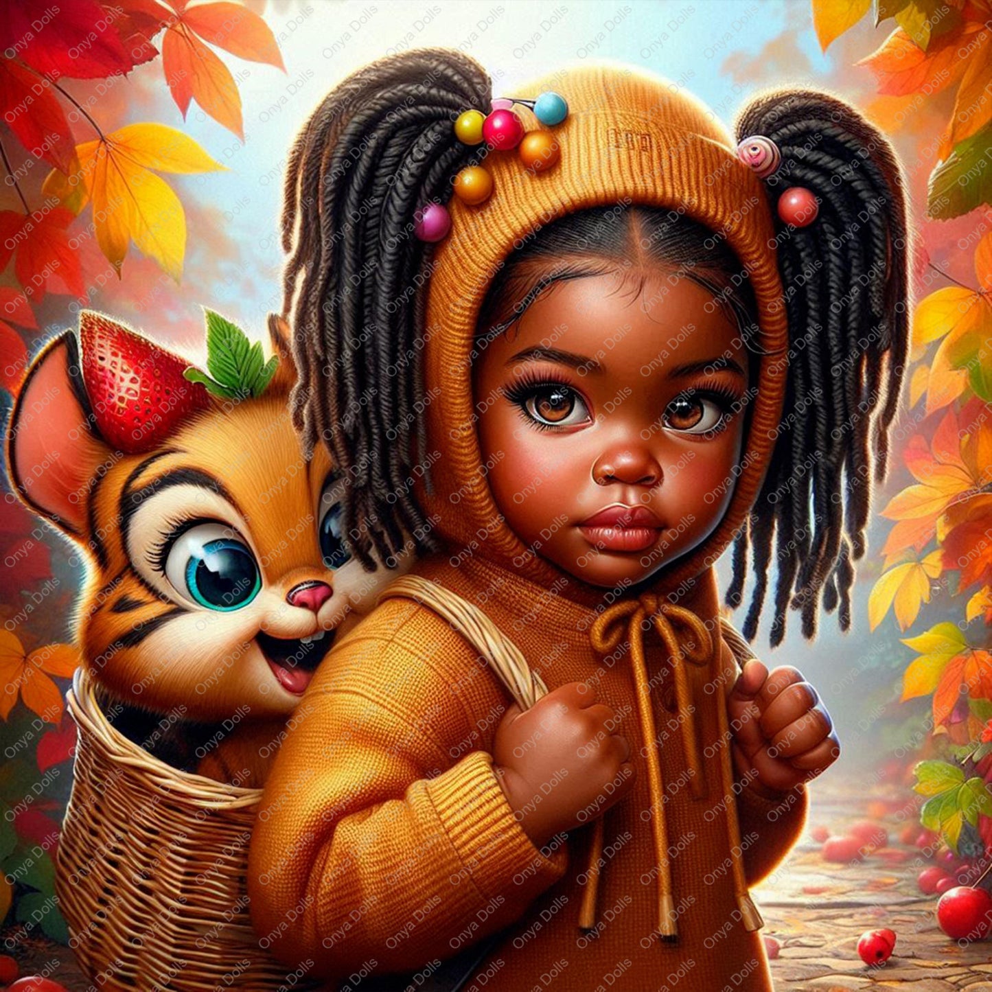 Child in a brown outfit with braided hair, surrounded by autumn leaves and a tiger plush toy.
