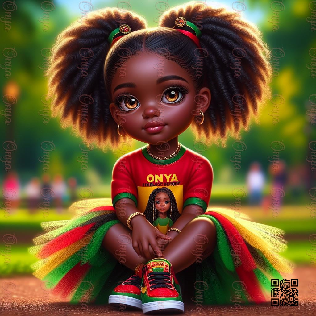 Joyful melanin Black girl digital doll celebrating Black History, dressed in colorful themed attire. High-resolution PNG for crafts and prints.