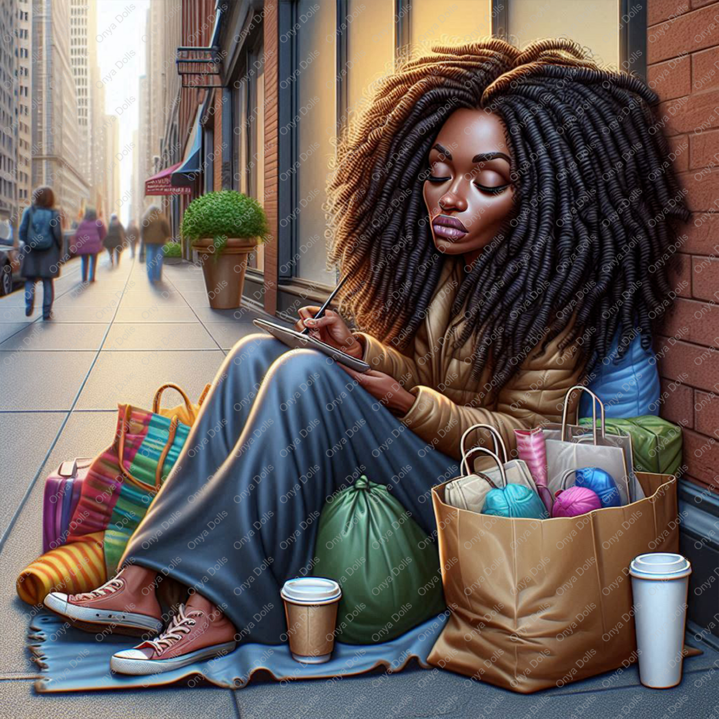 High-resolution PNG of a fashionable melanin-rich woman carrying multiple bags, exuding confidence, style, and power. Transparent background.