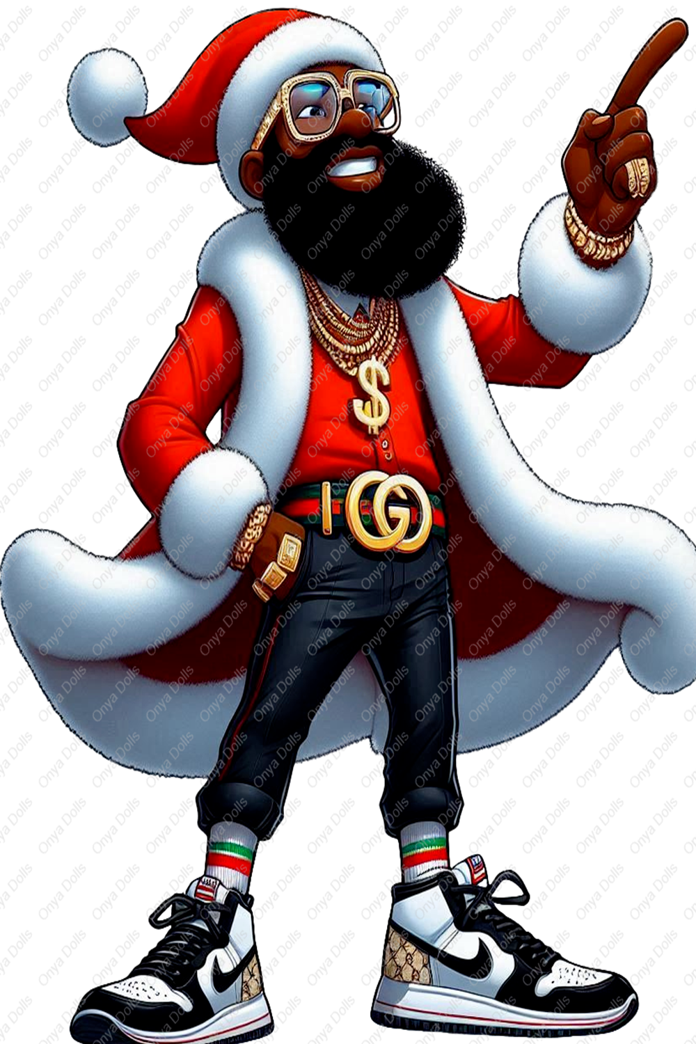 Stylish Black Santa Claus with red coat, gold chains, designer belt, and sneakers, pointing upward, ideal for Christmas crafts and sublimation.