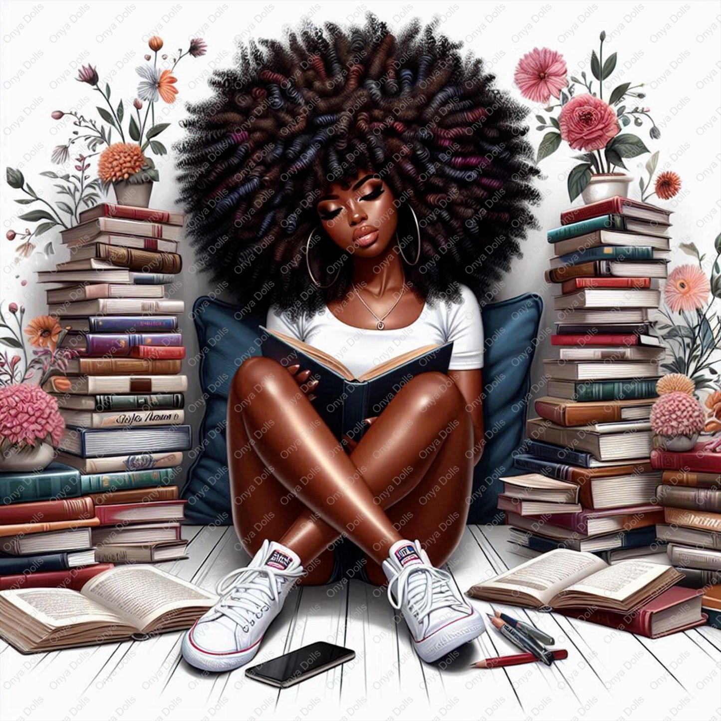 Black woman with natural afro reading a book surrounded by stacked books and flowers
