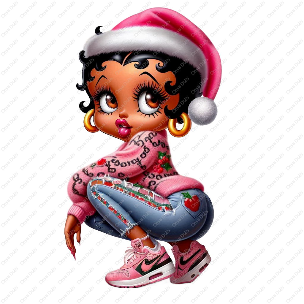 High-resolution PNG of a classy African American Betty Boop in pink Christmas outfit, perfect for holiday sublimation, shirts, and crafts.