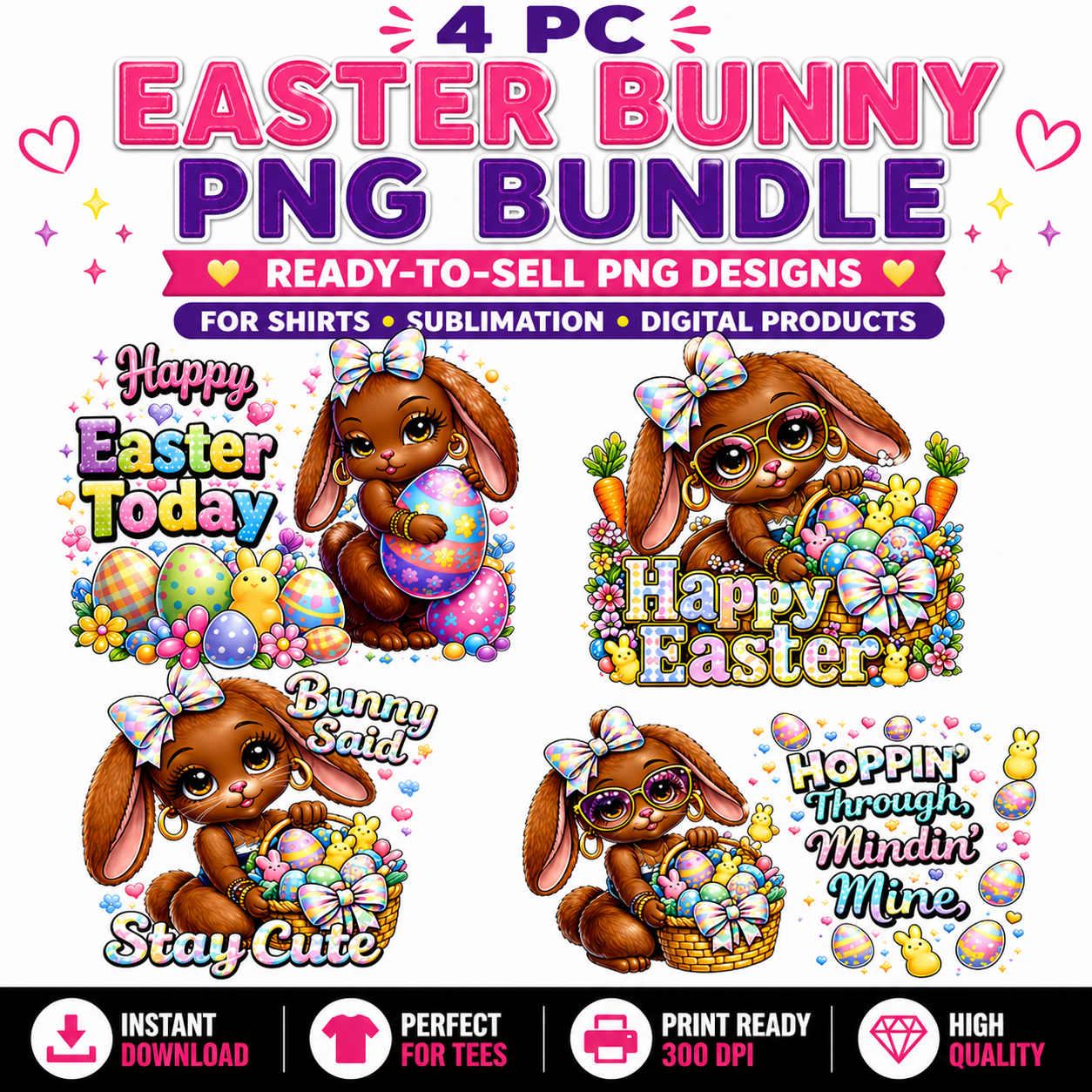 Easter Bunny PNG Bundle | Cute Spring Clipart Set Digital Download