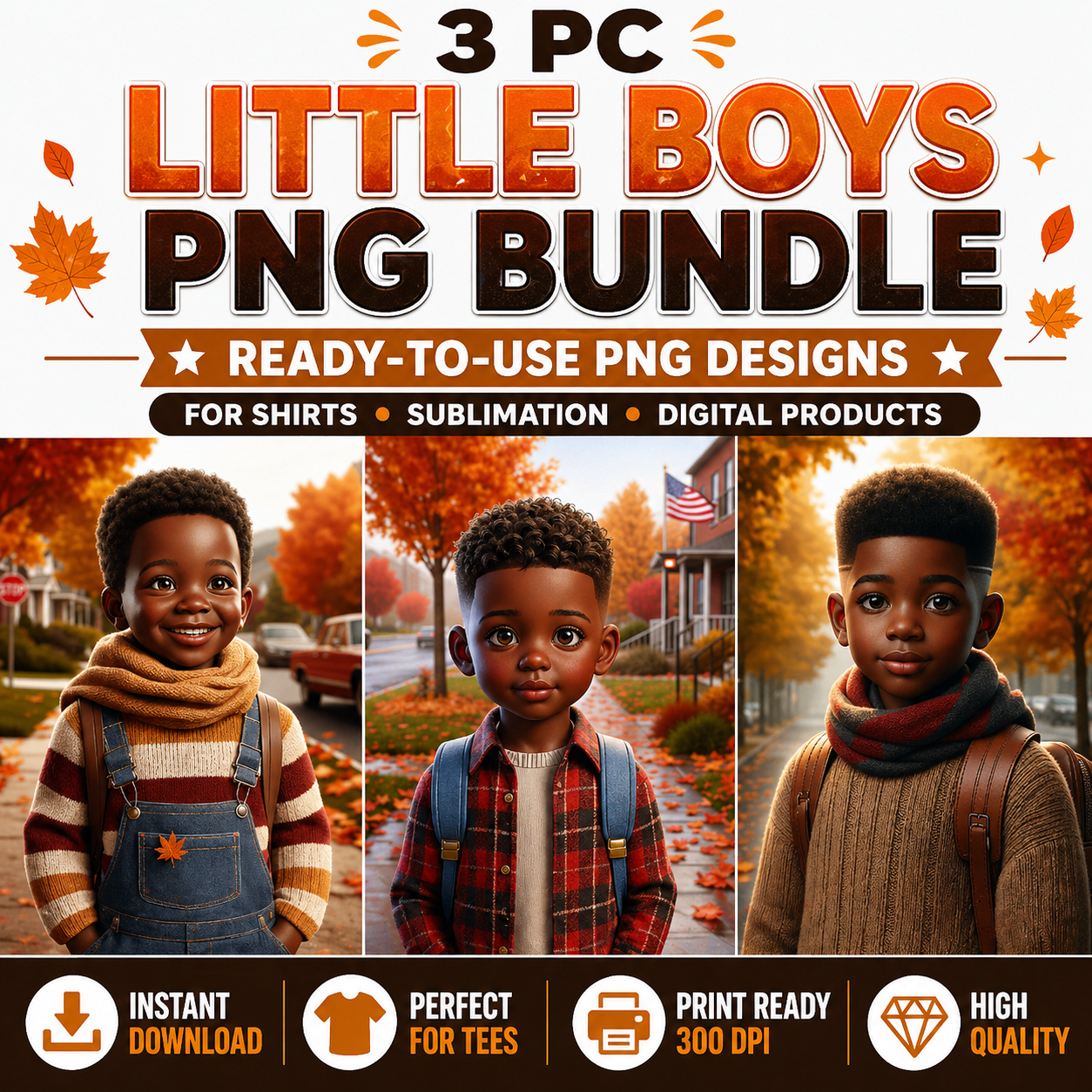 Black Boy Fall PNG Bundle | Kids Shirt Designs for Autumn Sublimation & Crafts