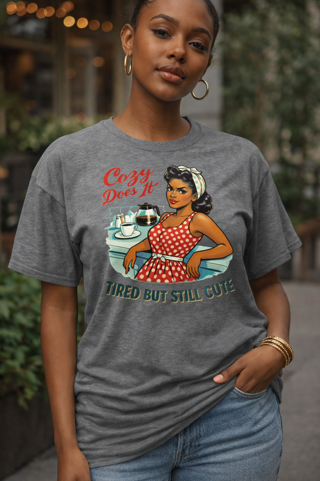 Cozy Does It Retro Coffee T-Shirt | Tired But Still Cute Graphic Tee
