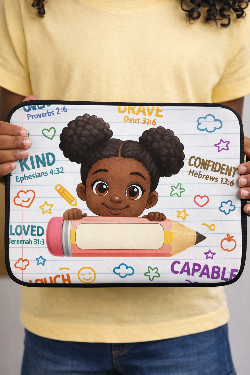 Cutie School Girl "Personalized" Laptop Sleeve | with Positive Affirmations & Bible Verses | for Back-to-School