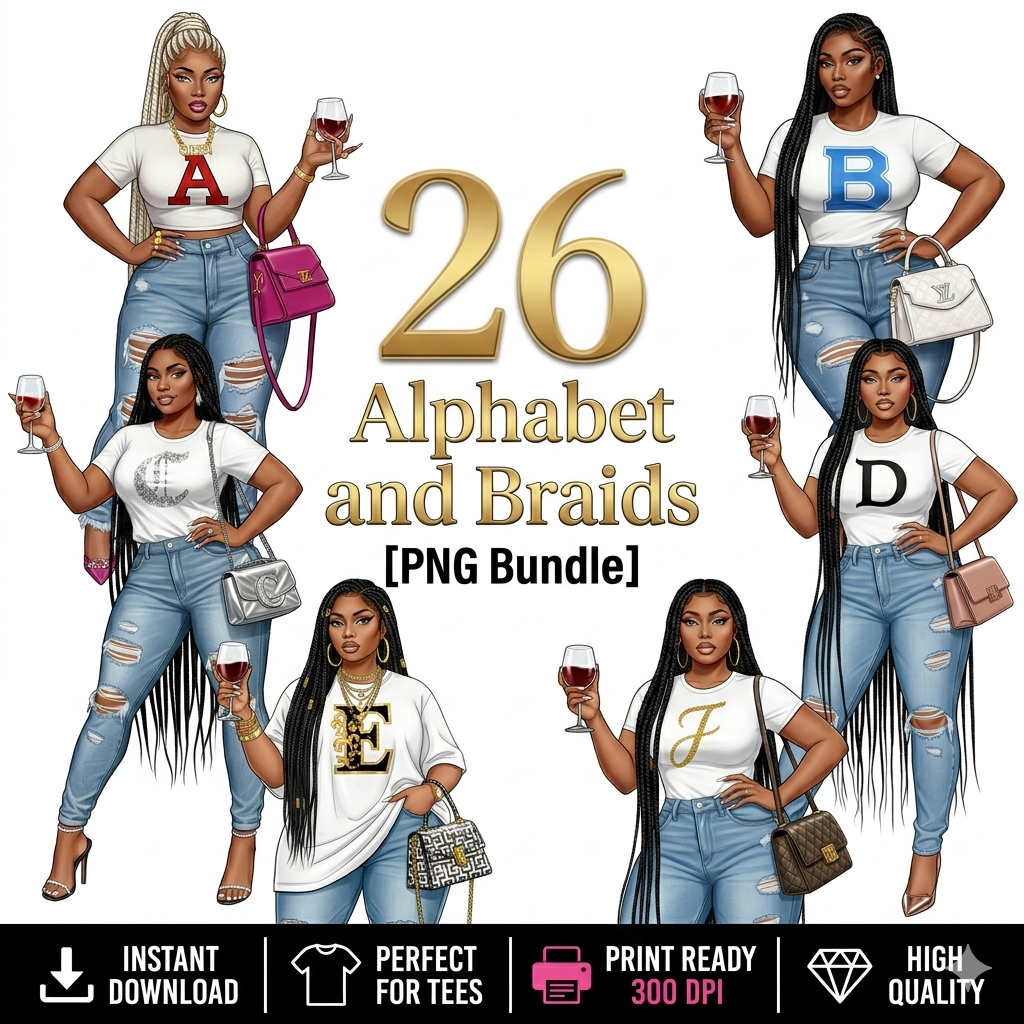 Promotional graphic for '26 Alphabet and Braids PNG Bundle' featuring women with letters A to J on their shirts.