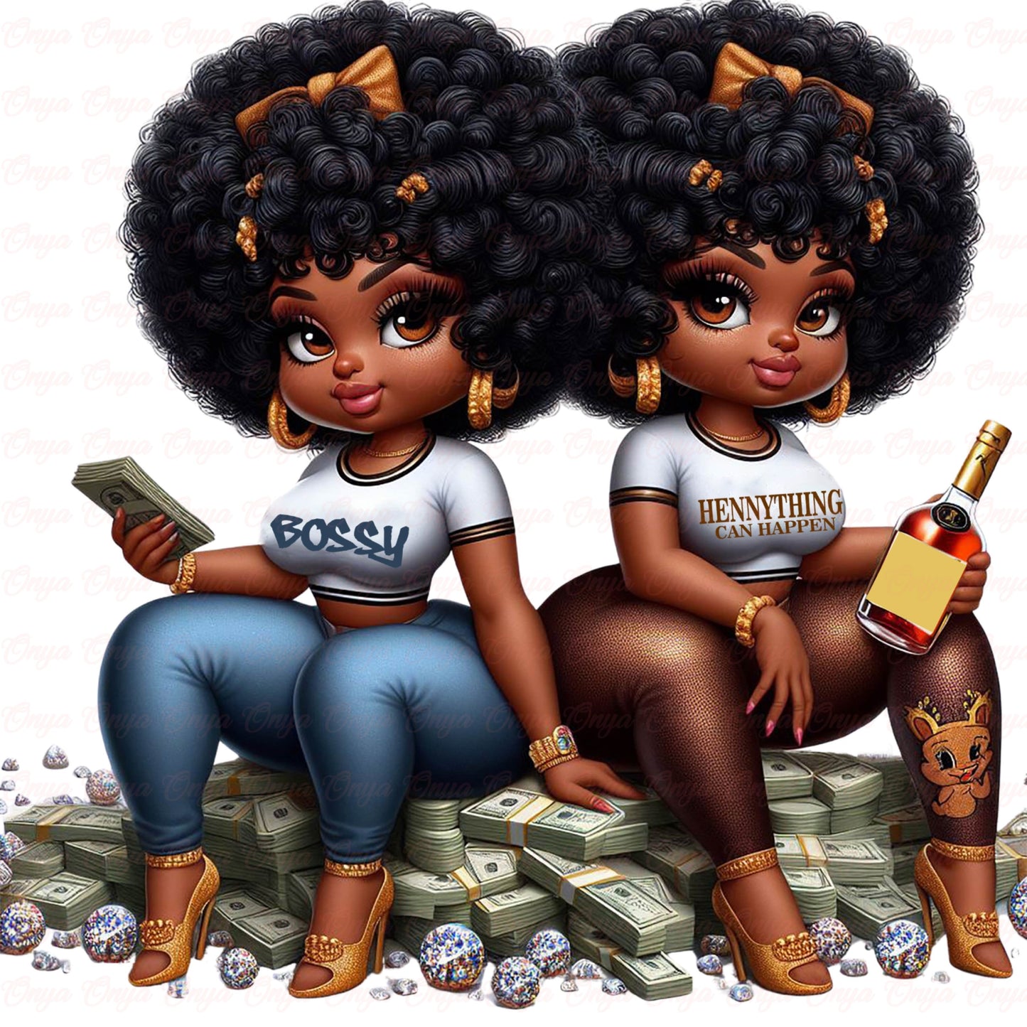 High-resolution PNG of stylish ONYA Twin Dolls, featuring melanin-rich Black girls dressed as fashionable baddie queens. Transparent background, ideal for sublimation and planner art.