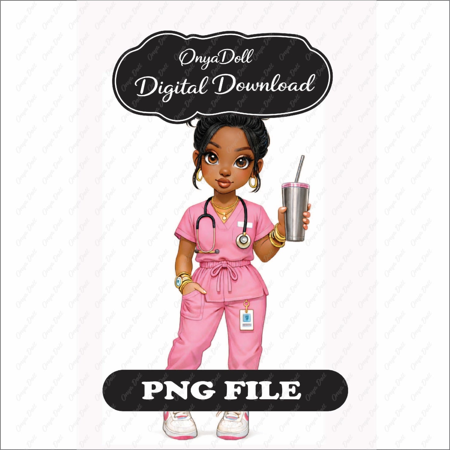 Black female nurse wearing pink medical scrubs holding a tumbler with a stethoscope and ID badge