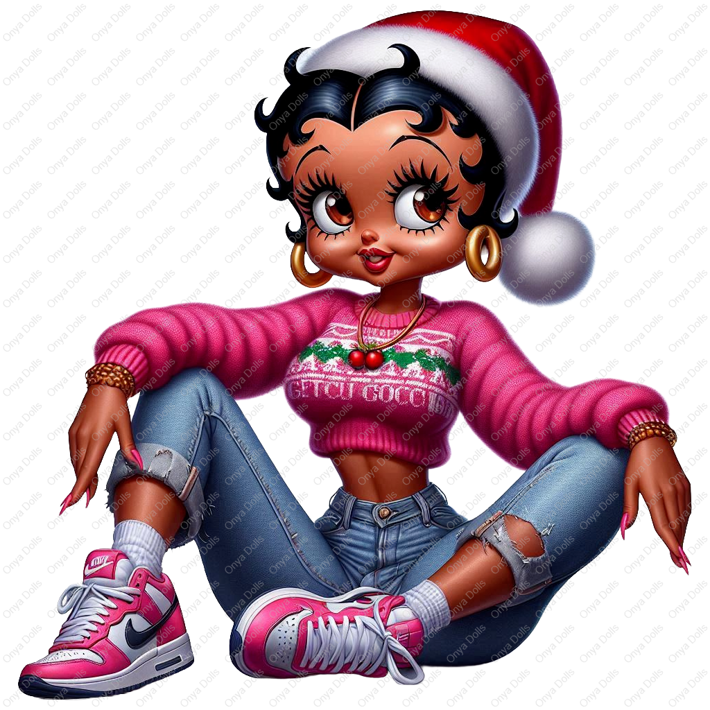 Afro Betty Boop-style girl in pink Christmas sweater and Santa hat, sitting in a festive pose with sneakers and ripped jeans. High-resolution PNG for sublimation.