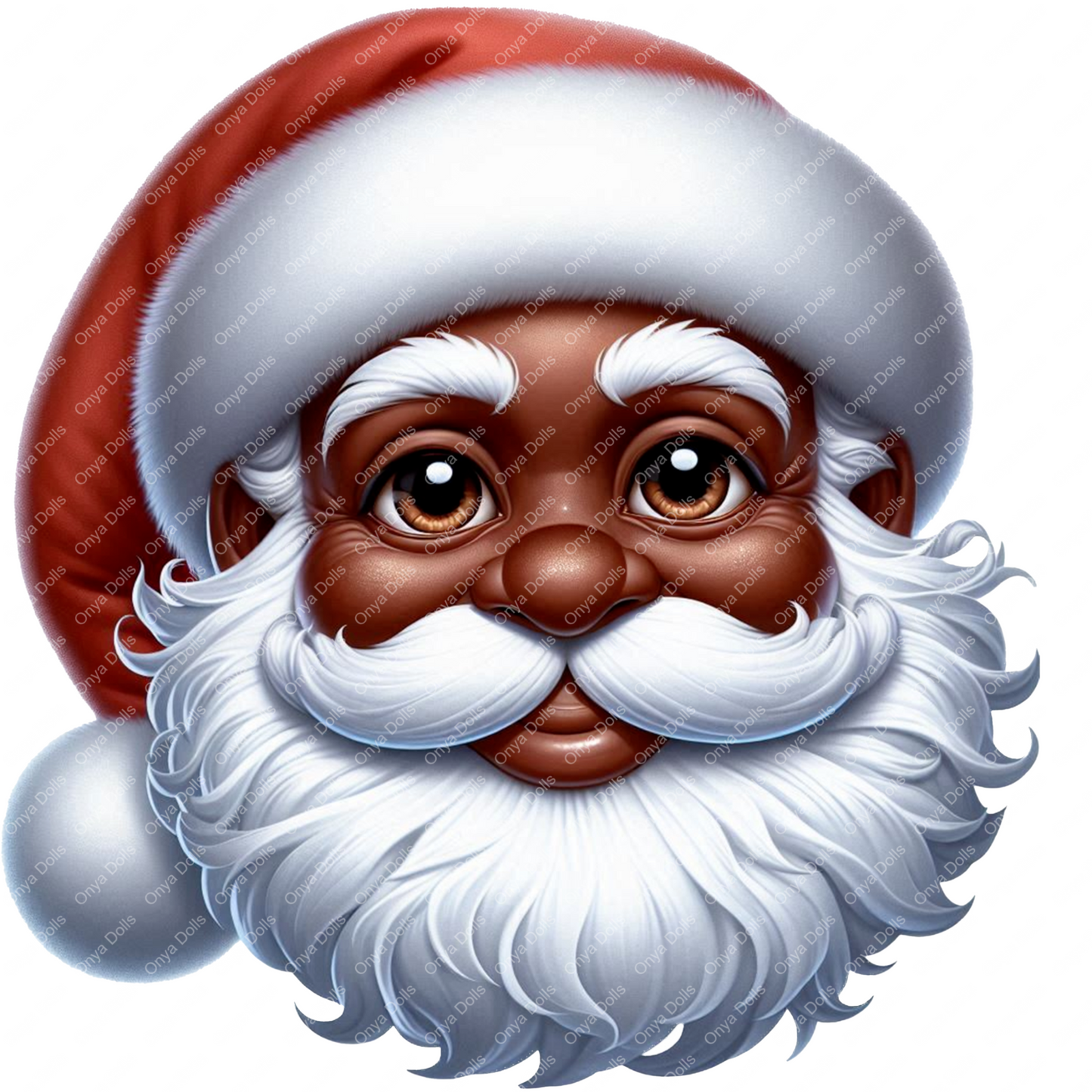 Cute Black Santa Claus face with big eyes, white beard, and red Santa hat, perfect for sublimation, planners, and Christmas crafts.