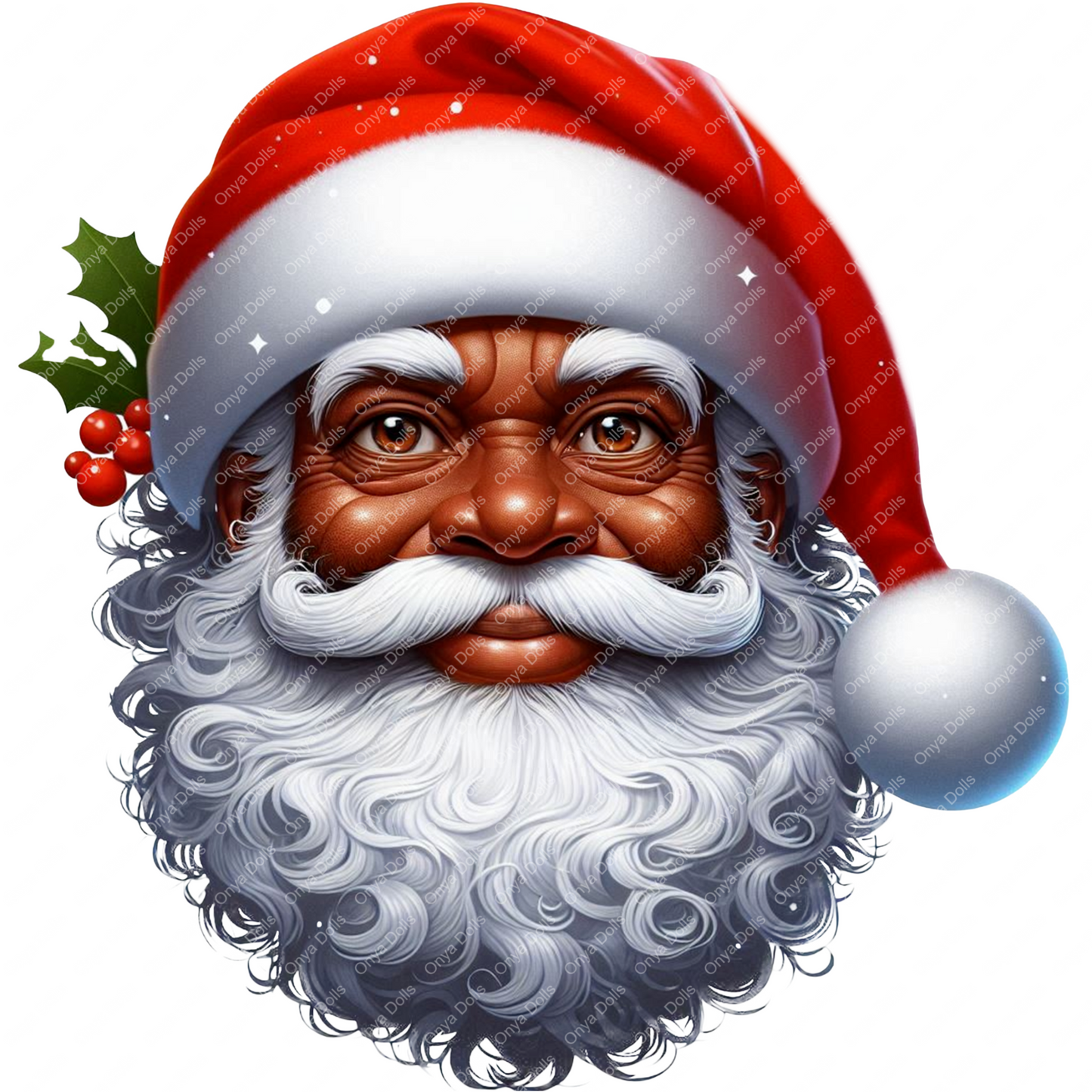 Realistic Black Santa Claus with white beard, red hat, and holly sprig, ideal for sublimation, planners, and Christmas designs.