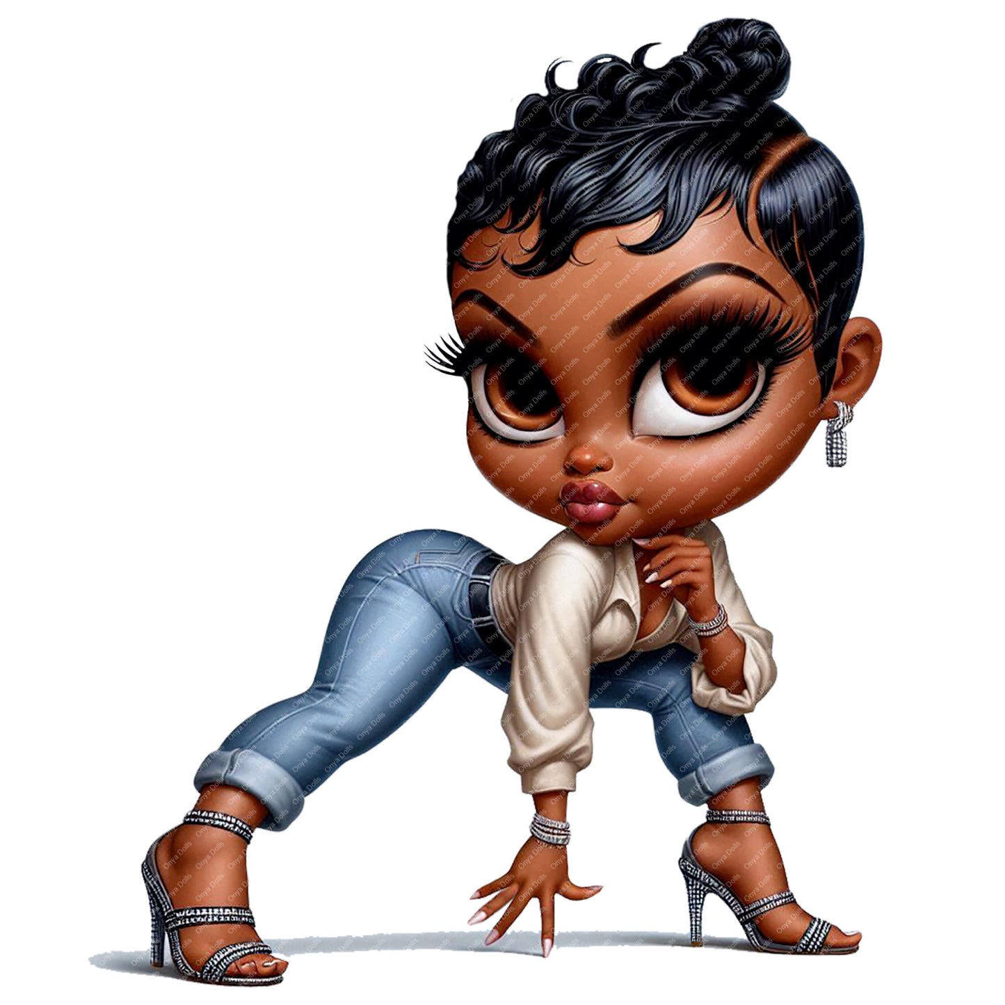 Digital illustration of a confident melanin woman in a bold curvy pose with short sleek pixie hair, fitted jeans, and strappy heels. High-resolution PNG clipart.