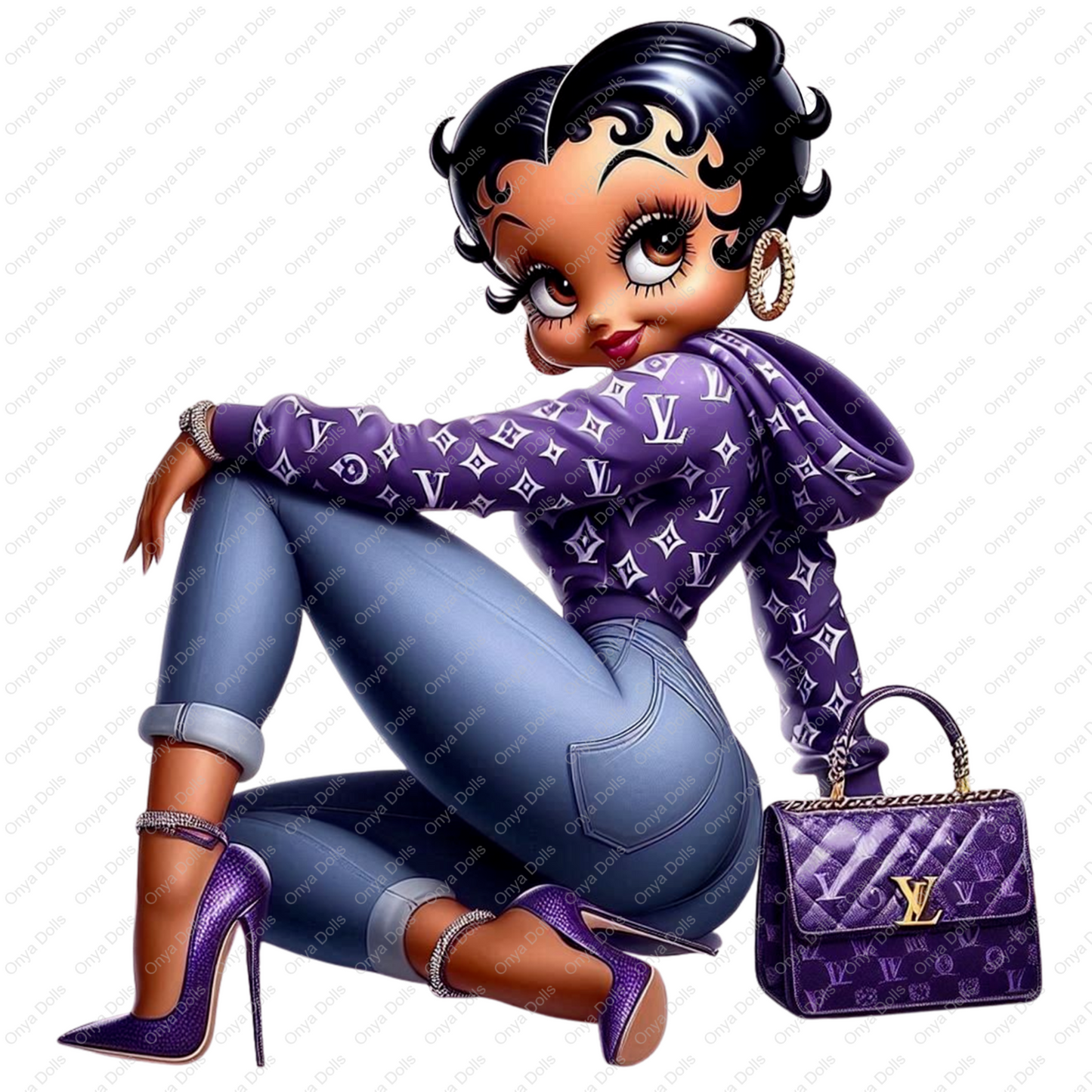 Afro Betty Boop styled as Baddie Boo wearing a purple hoodie, designer heels, skinny jeans, and holding a matching purple handbag. High-resolution PNG for crafts.