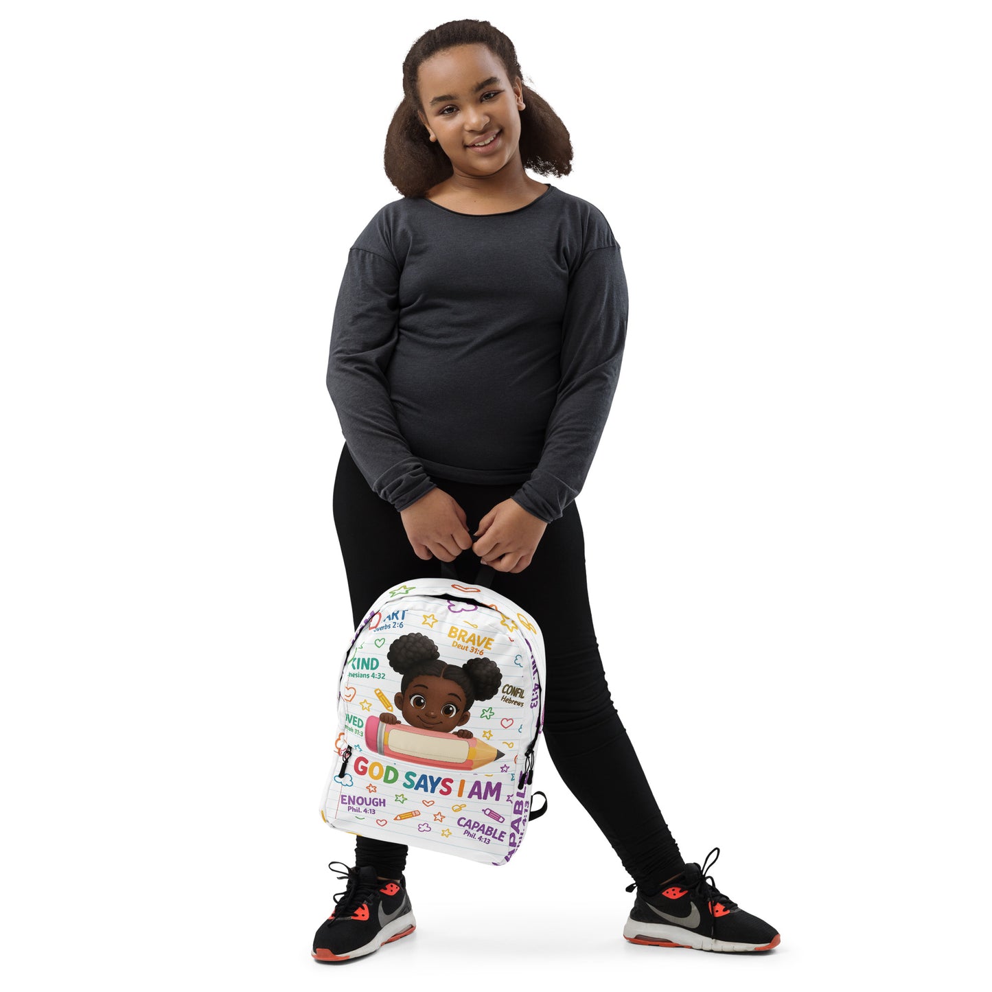God Says I Am backpack featuring a melanin girl with afro puffs, colorful doodles, Bible verses, and a blank name field on a pencil. Inspirational school bag for kids, Product mockup