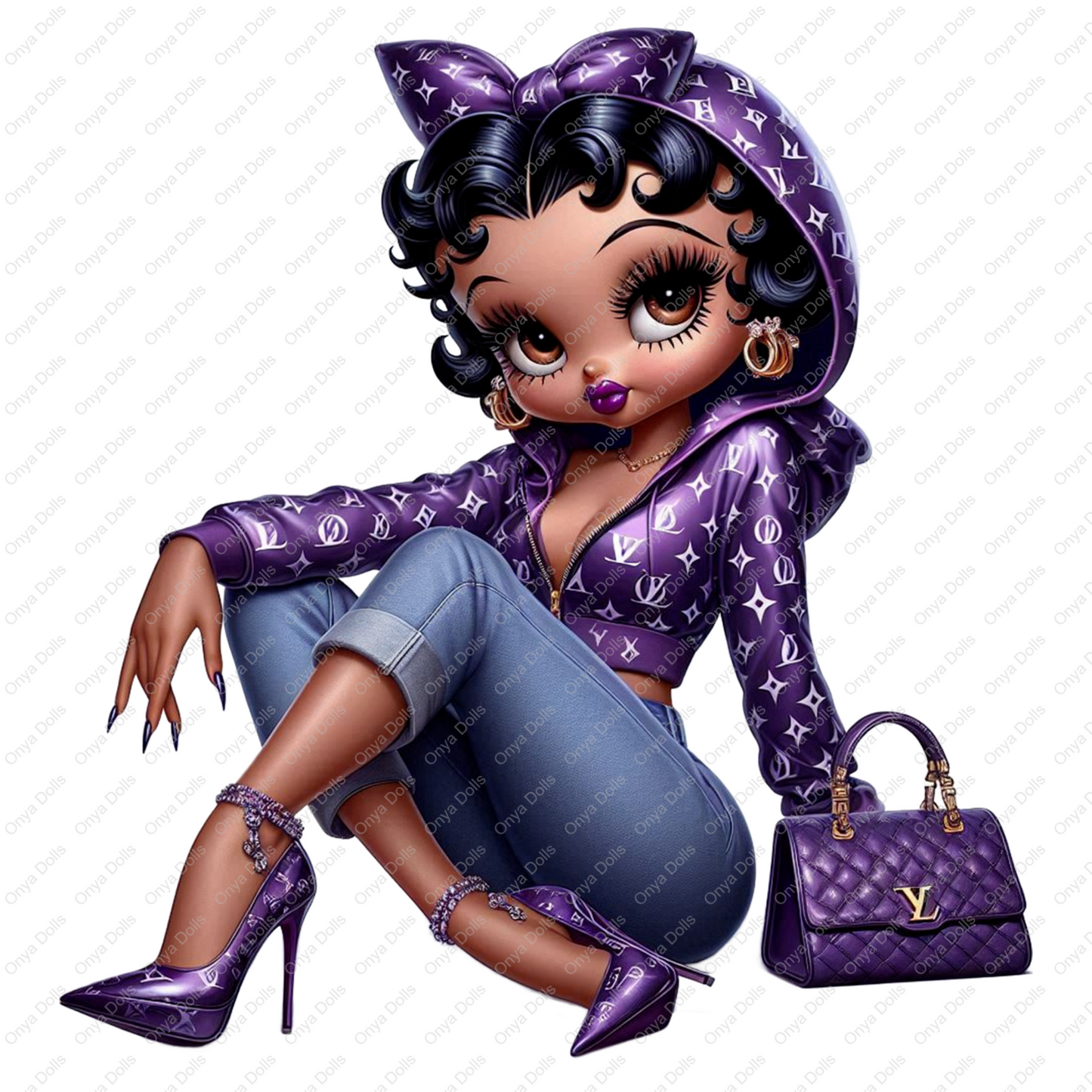 High-resolution PNG of a classy melanin Baddie Boo fashion girl, ideal for sublimation, DTF transfers, planners, tumblers, and digital designs.
