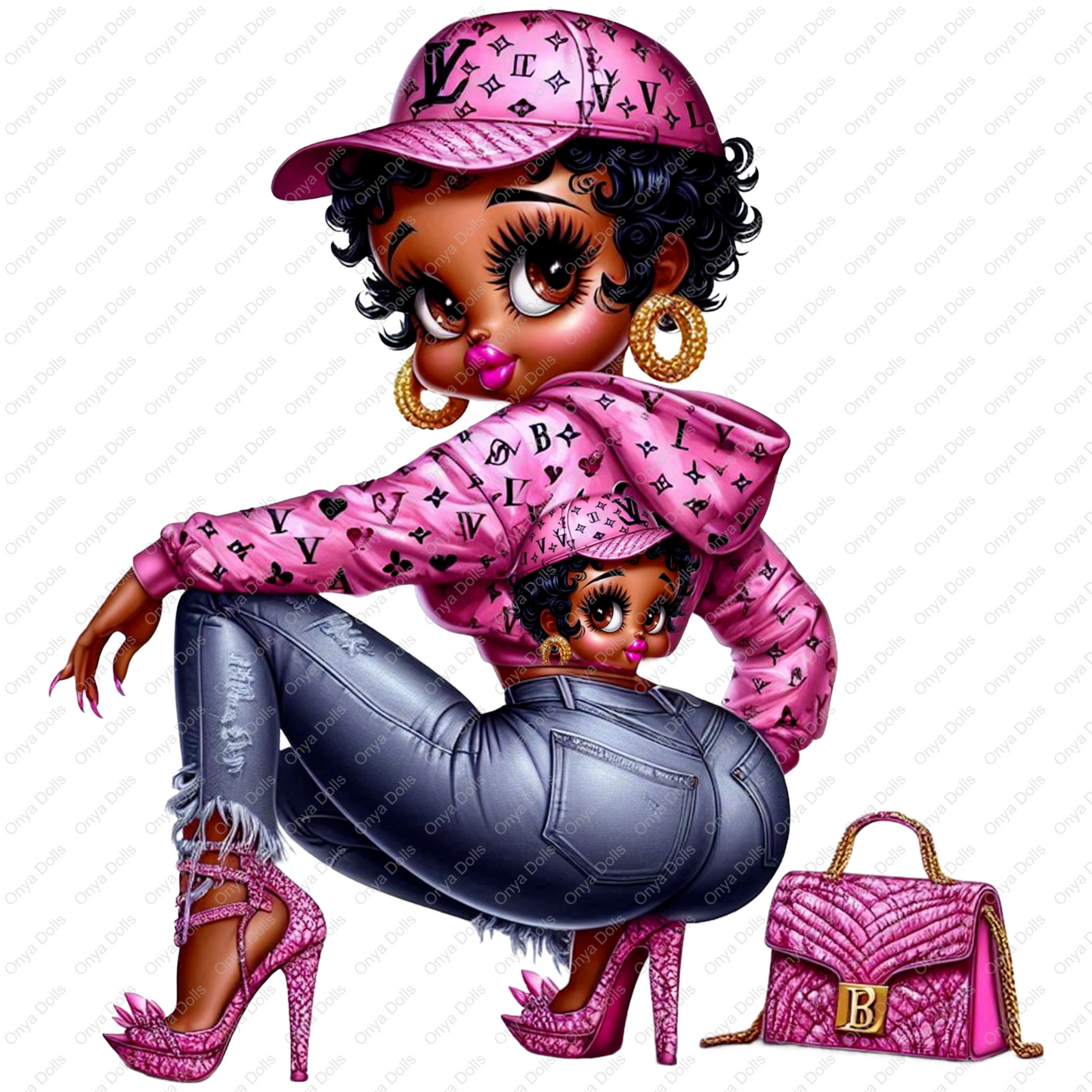 High-resolution PNG of Betty Boop in a stylish jacket with matching hat and purse, perfect for fashion transfers, shirts, tumblers, and crafts.