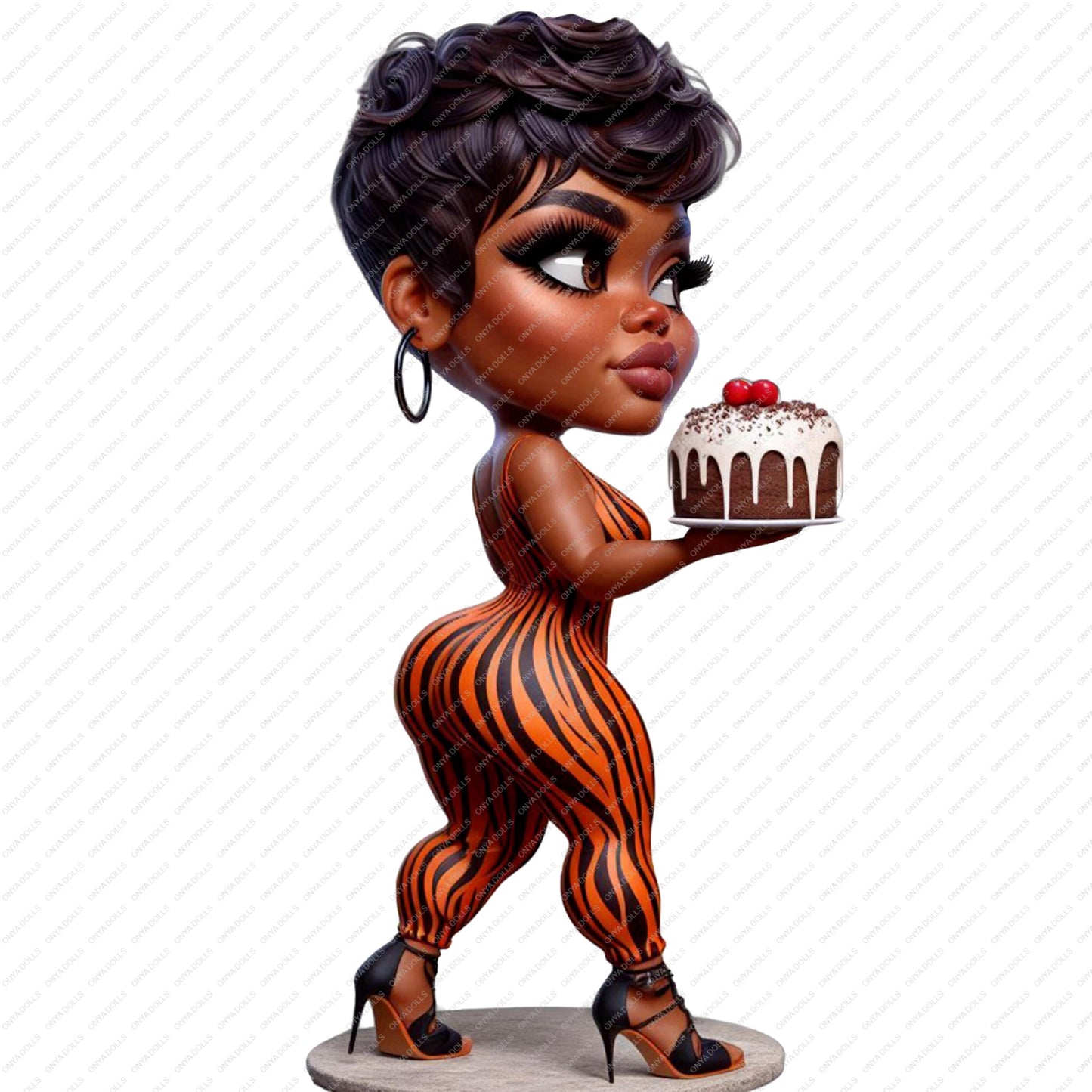 Cartoon character holding a cake on a white background