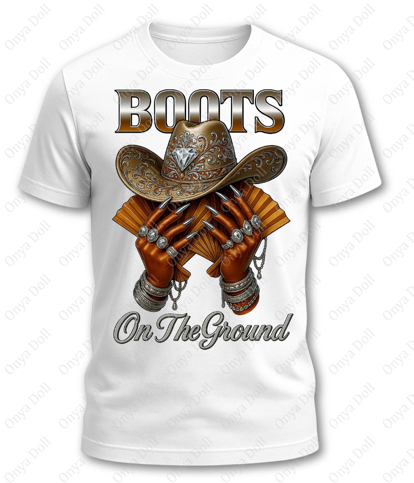 White t-shirt with a graphic of a cowboy hat and boots, and text 'Boots On The Ground' on a white background.