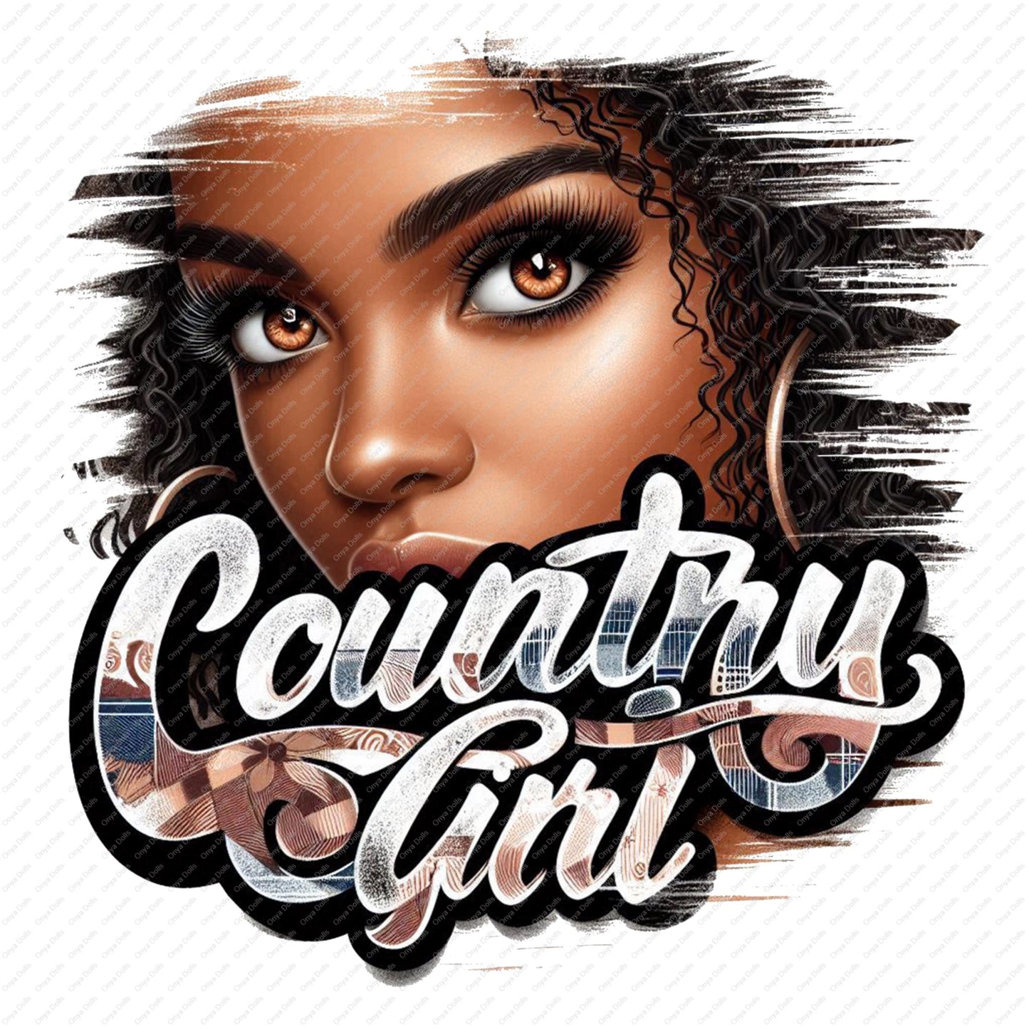 Country girl portrait with curly hair and bold script text overlay PNG