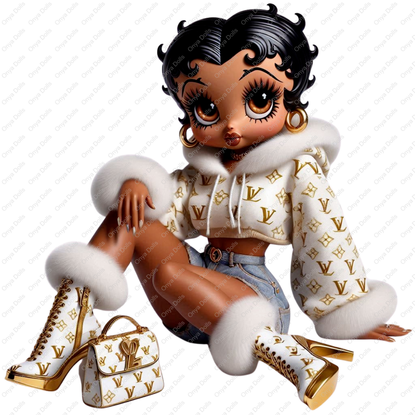 Afro Betty Boop as Baddie Boo in white and gold fur-trimmed designer outfit with matching boots and handbag. High-res PNG for sublimation and crafts.