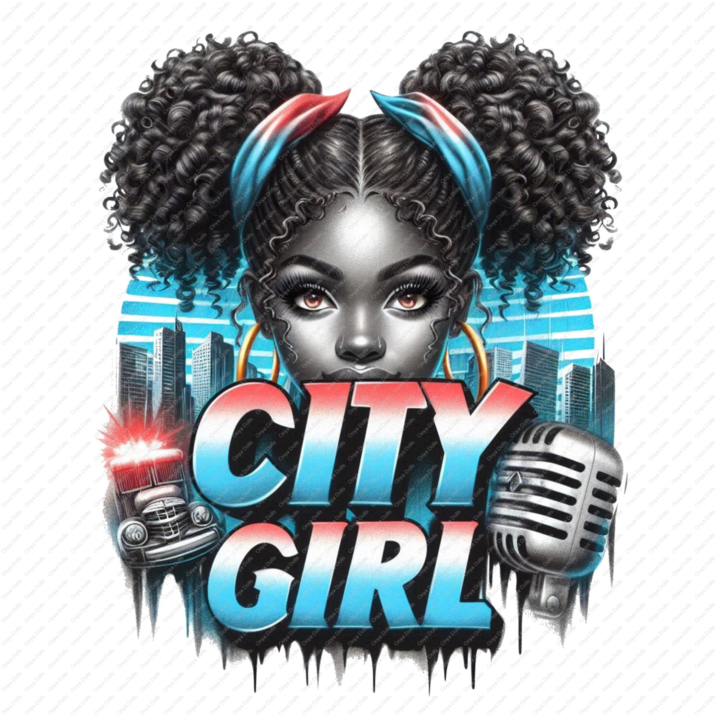 Melanin city girl with puff ponytails and microphones against urban skyline PNG clipart