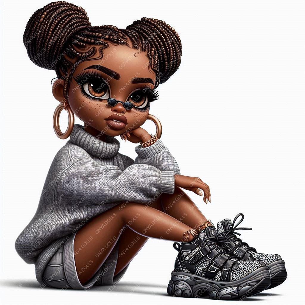 ONYA Doll Baddie — stylish melanin fashion girl PNG clipart wearing sweater and sneakers, perfect for sublimation, Cricut, planners, and crafts