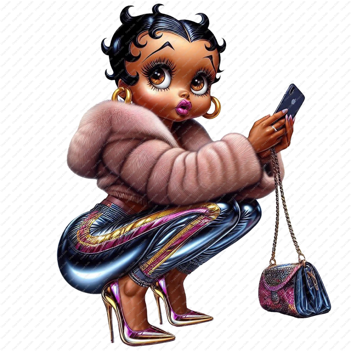 Stylish curvy melanin girl holding a phone taking a selfie, wearing a plush cropped jacket, striped pants, heels, and carrying a designer-inspired handbag.