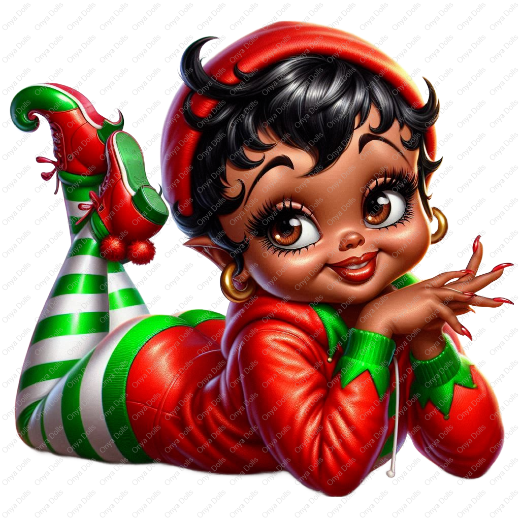 Afro Betty Boop-style girl dressed as a Christmas elf in red and green with striped leggings and pointy shoes. Laying down in cute pose. High-resolution PNG.