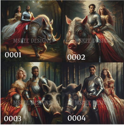 Four variations of a painting with a person on a boar, showing different color schemes.