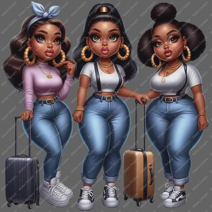 Three animated characters with different hairstyles and luggage on a transparent background