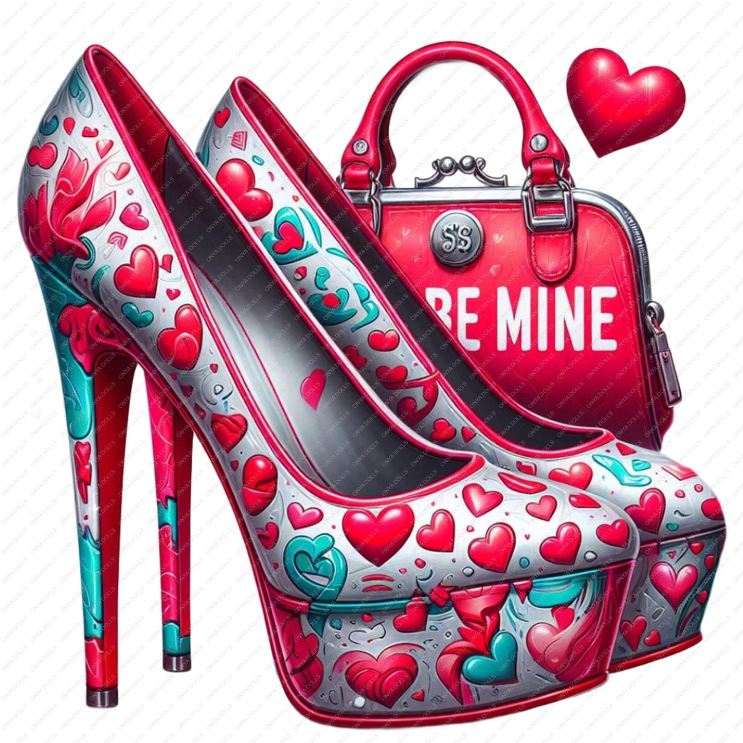 Red and teal heart patterned high heels with matching Be Mine purse and floating hearts PNG
