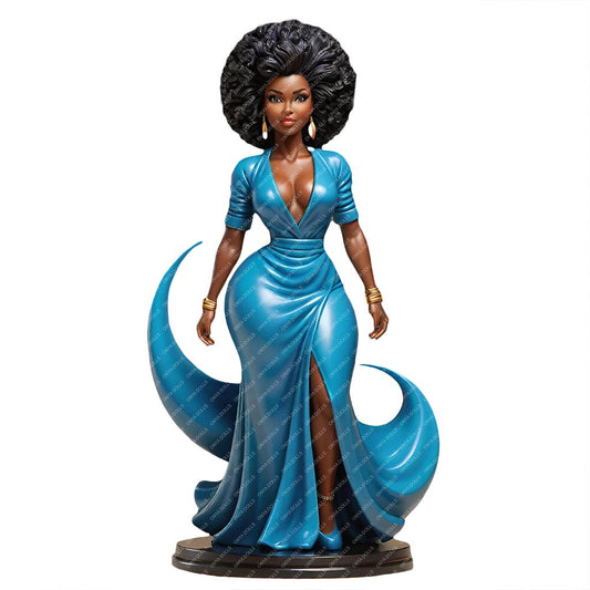 Statue of a woman in a blue dress with a white background