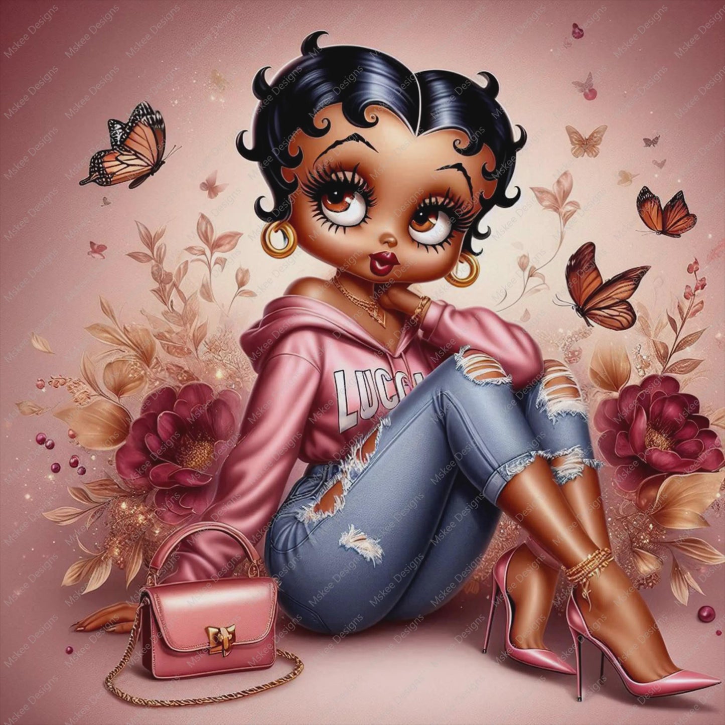 Stylish Black girl in pink hoodie and ripped jeans sitting with roses and butterflies, holding a matching pink handbag.
