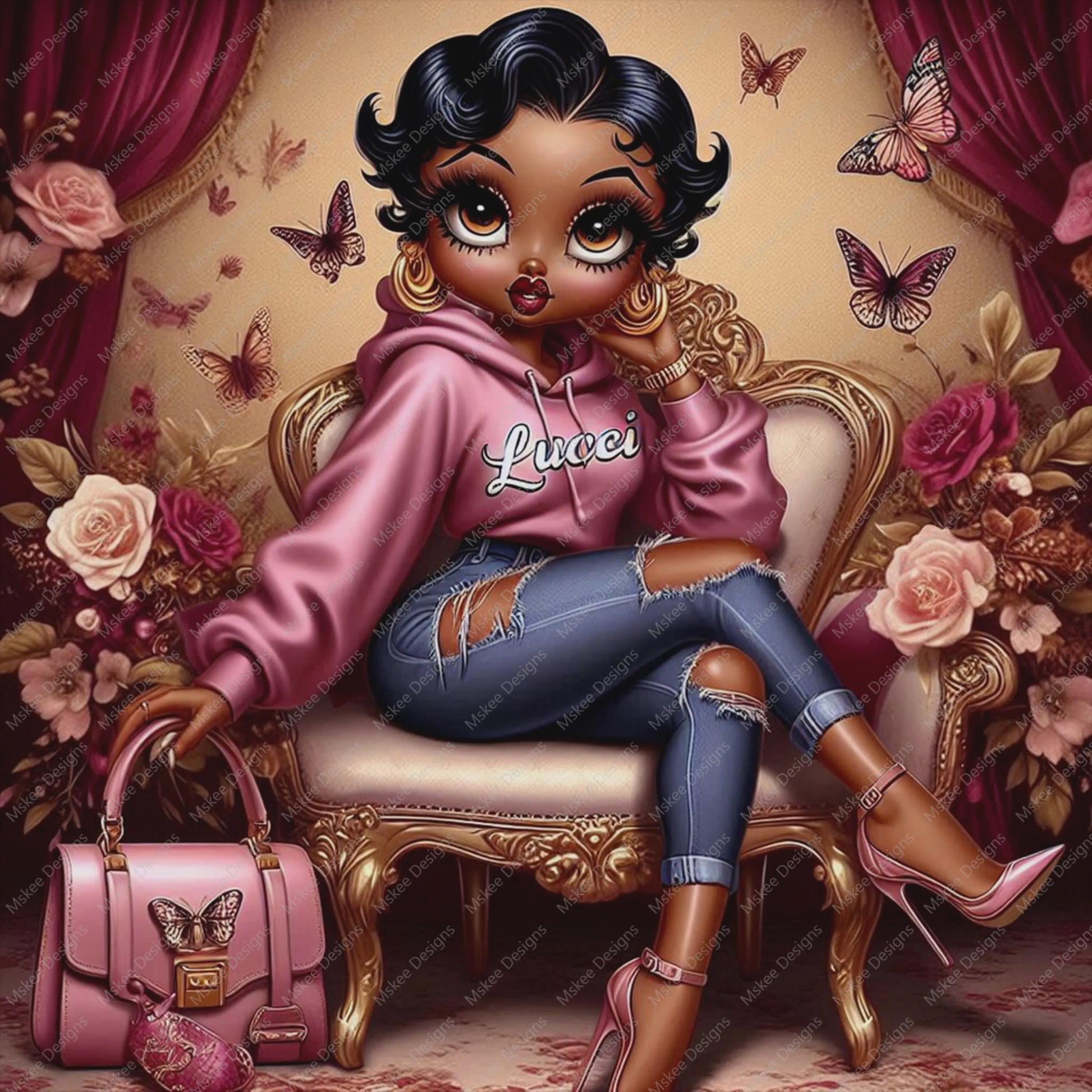 Stylish Black girl in pink hoodie and heels sitting in a vintage chair surrounded by roses and butterflies with matching pink handbag.
