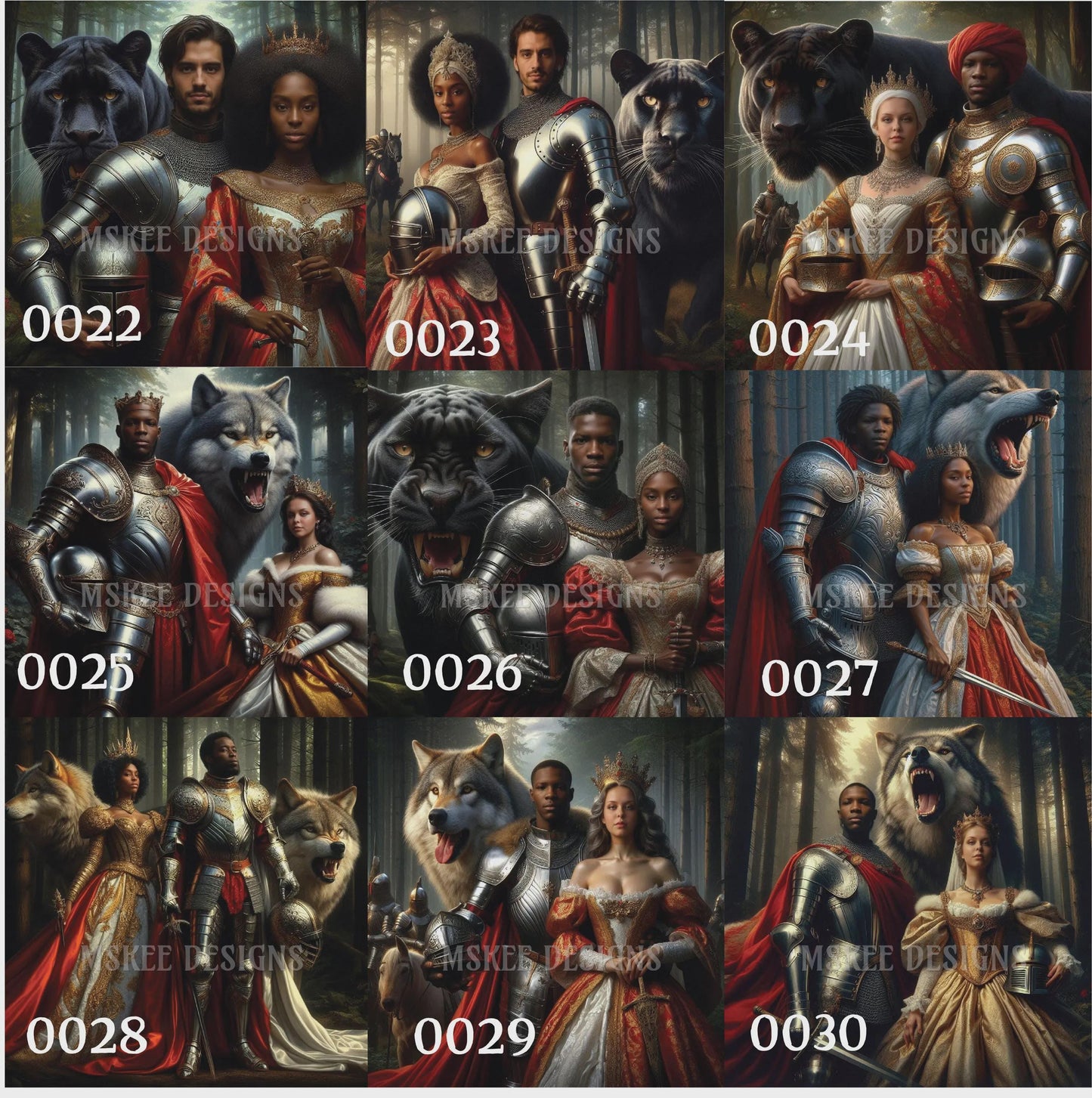 Collage of images featuring a knight, a panther, and a wolf with a woman in each image, labeled with numbers.